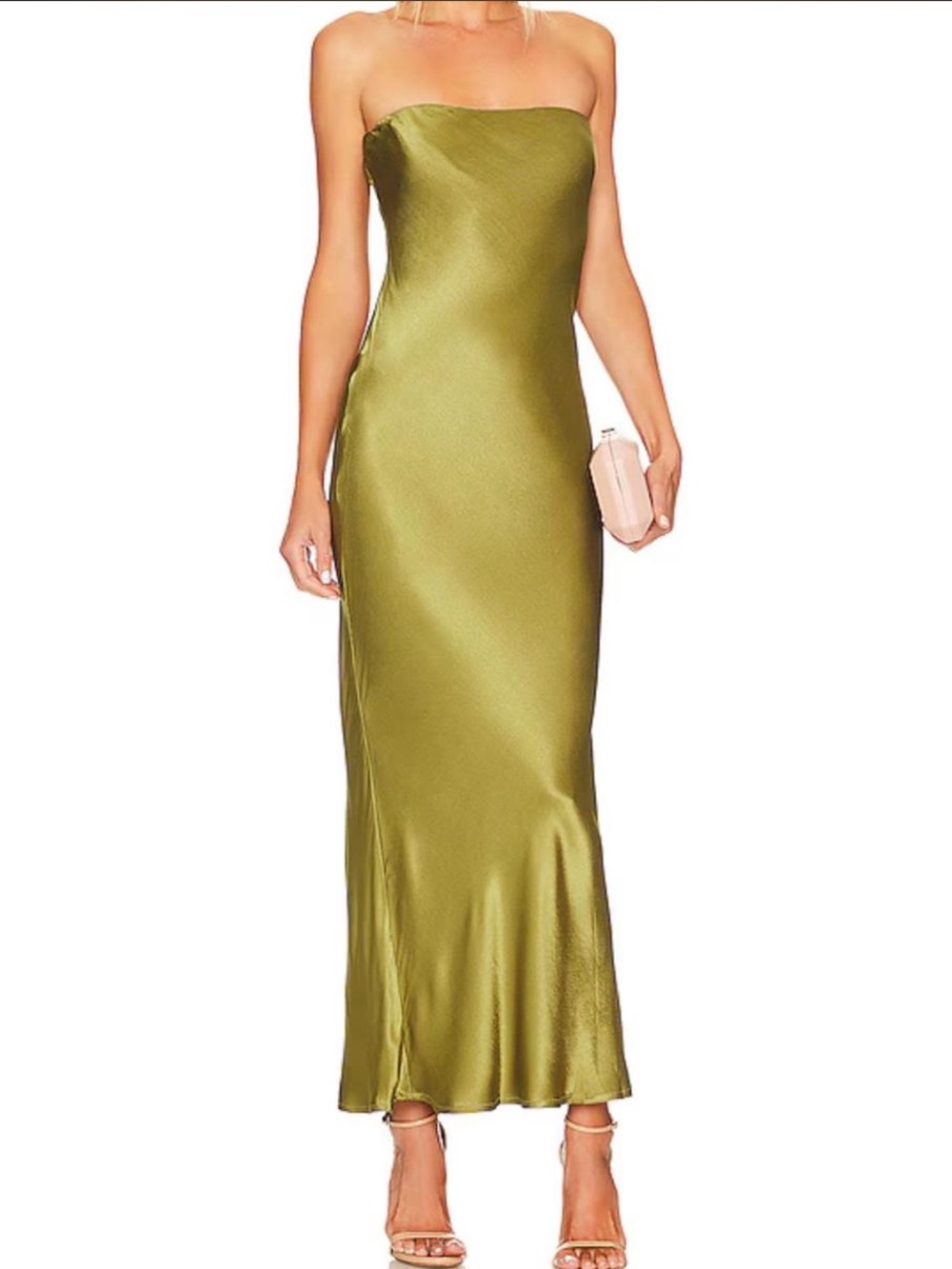 Olive Green Strapless Satin Column Gown
